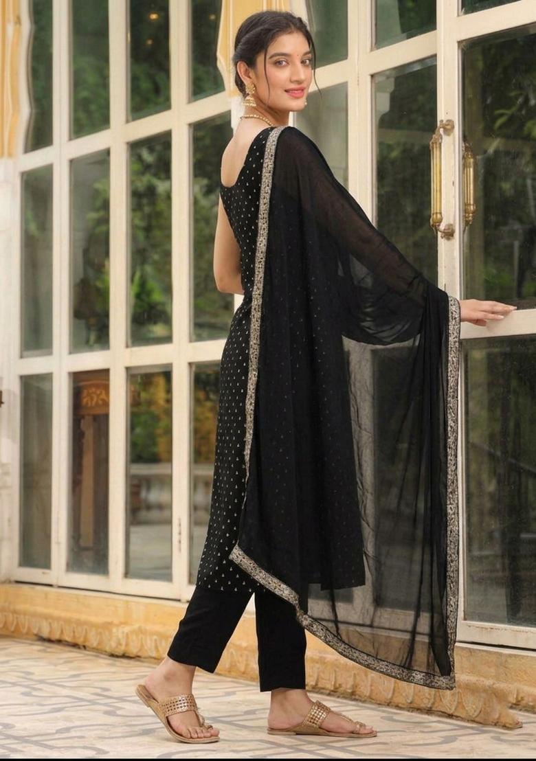 Black Woven Cotton Kurta Set - Indya