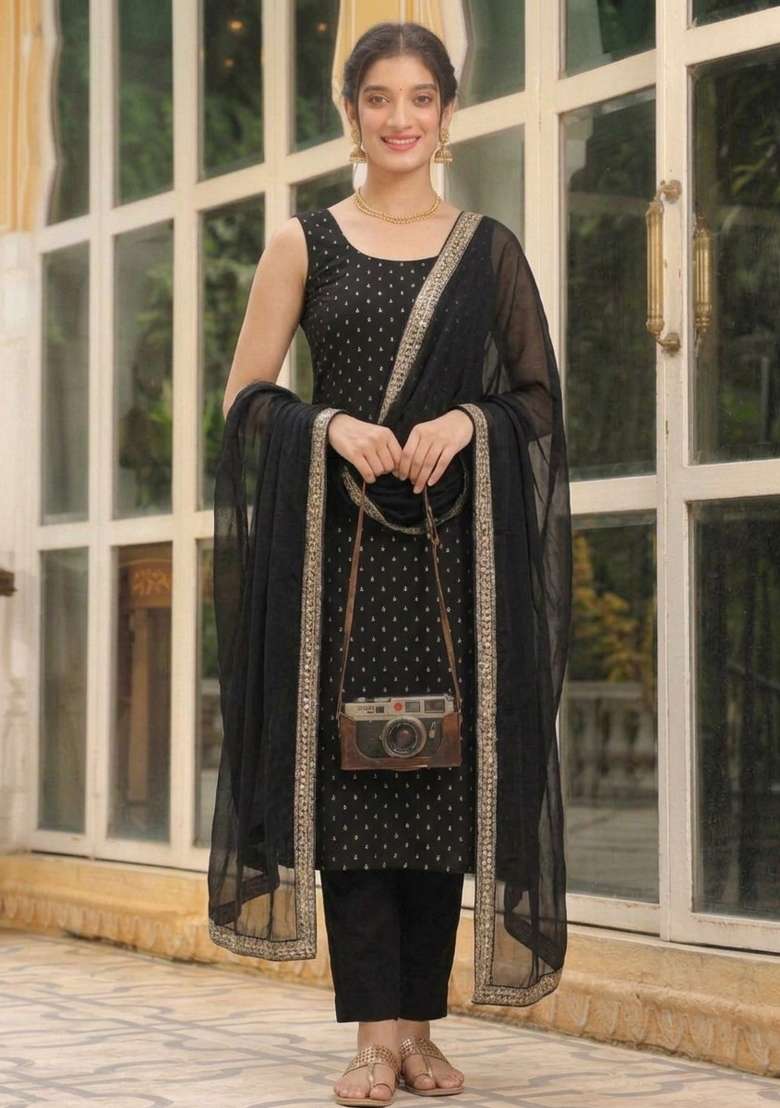 Black Woven Cotton Kurta Set - Indya