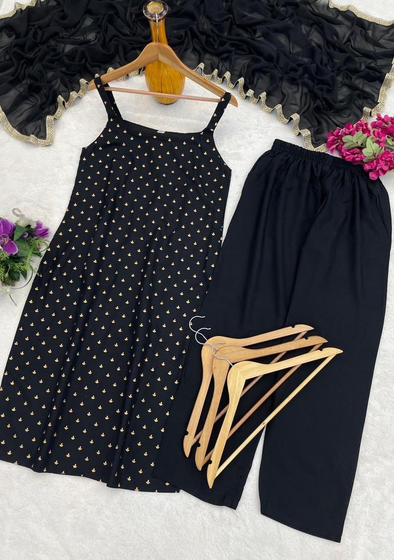 Black Woven Cotton Kurta Set - Indya