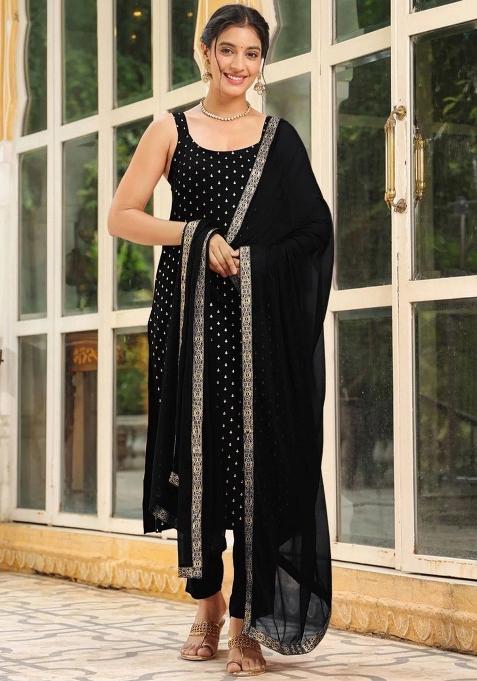 Black Woven Cotton Kurta Set