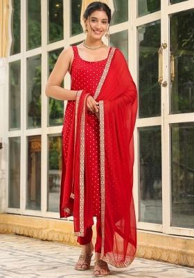 Red Woven Cotton Kurta Set