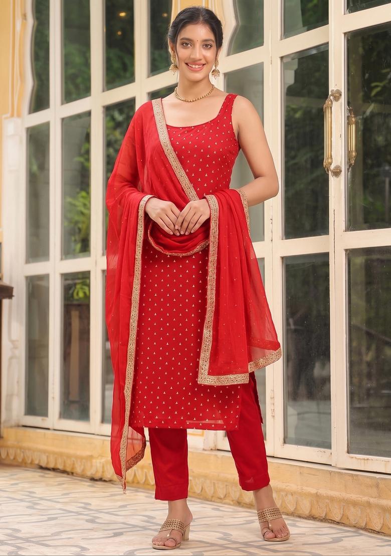 Red Woven Cotton Kurta Set - Indya
