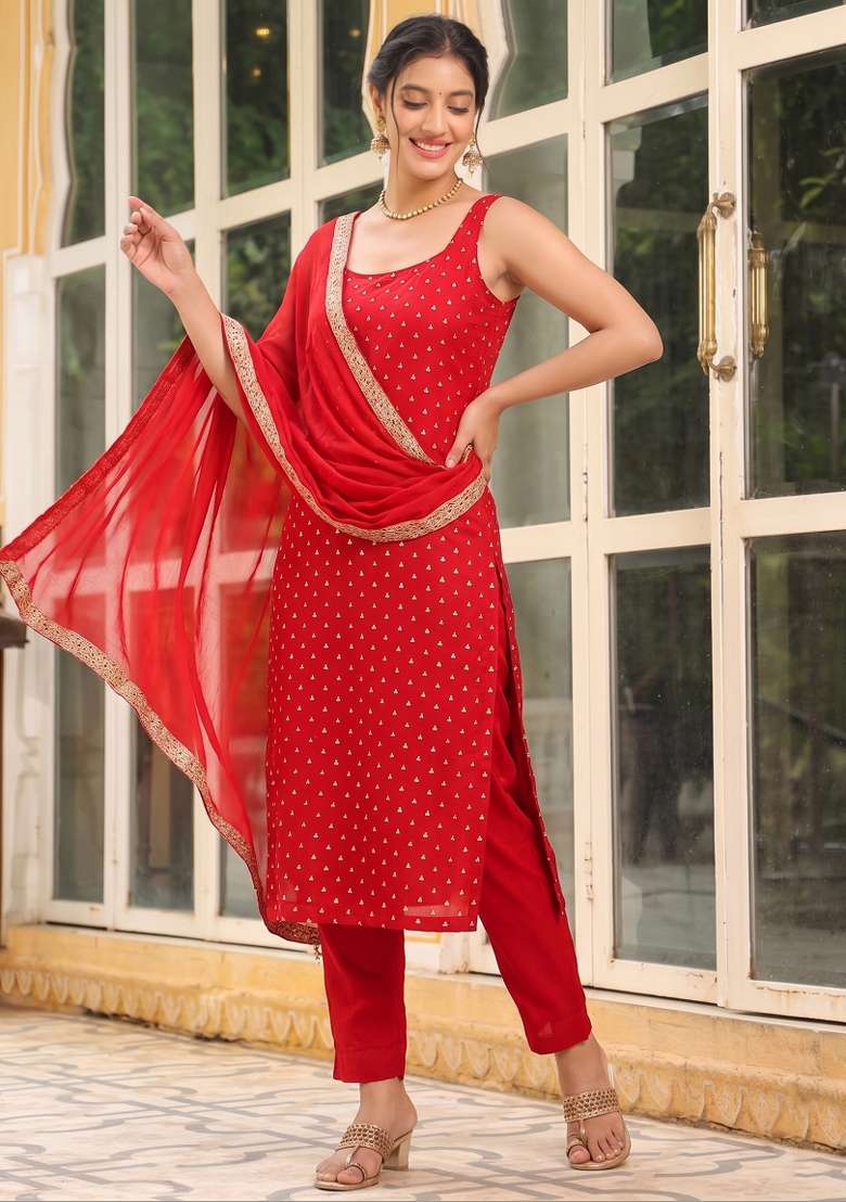 Red Woven Cotton Kurta Set - Indya