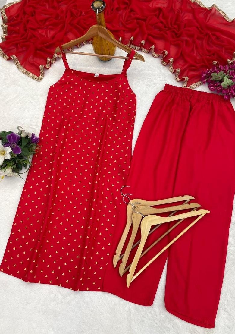 Red Woven Cotton Kurta Set - Indya