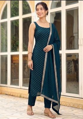 Teal Woven Cotton Kurta Set