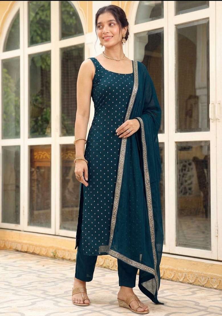 Teal Woven Cotton Kurta Set - Indya