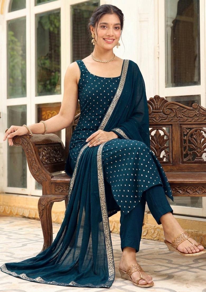 Teal Woven Cotton Kurta Set - Indya