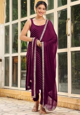 Wine Woven Cotton Kurta Set