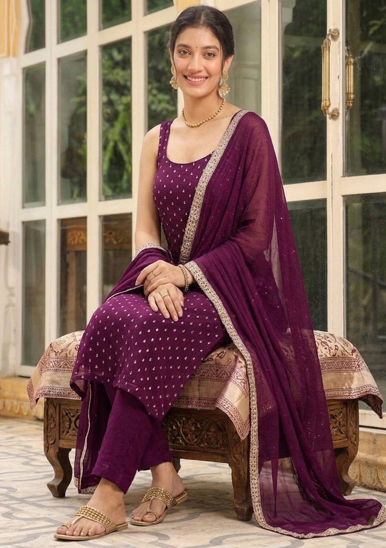 Wine Woven Cotton Kurta Set - Indya