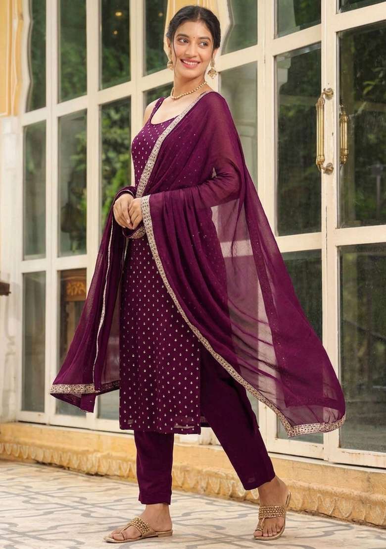 Wine Woven Cotton Kurta Set - Indya