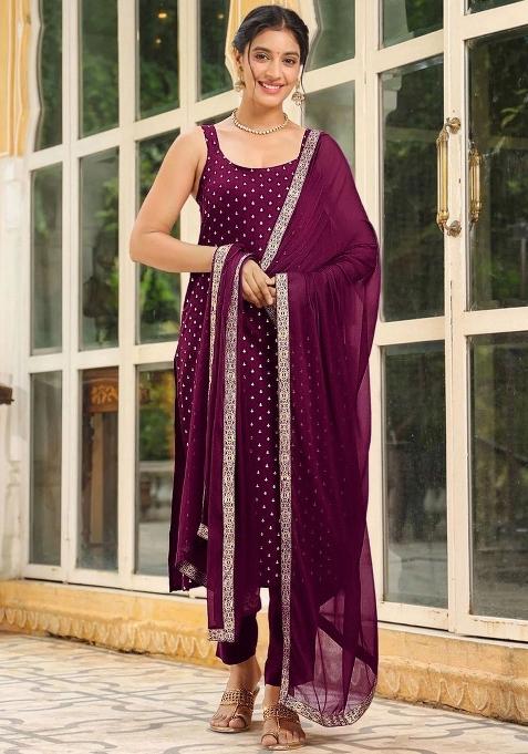 Wine Woven Cotton Kurta Set