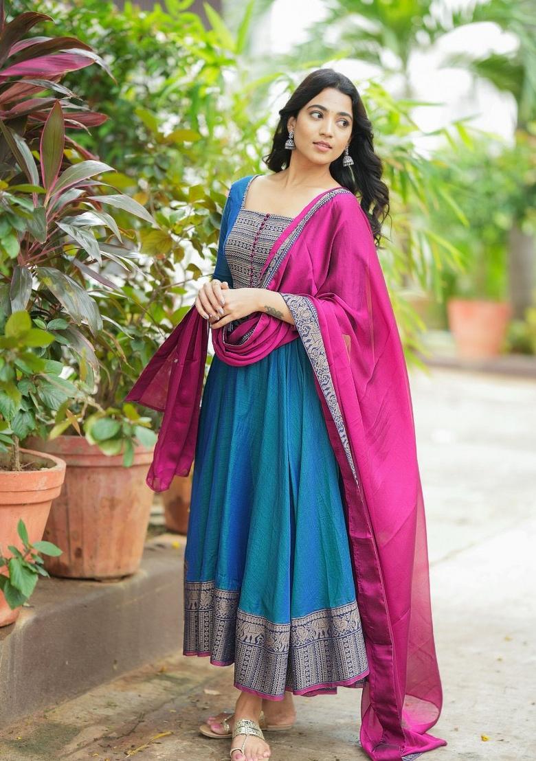 Blue Woven Cotton Kurta Set - Indya