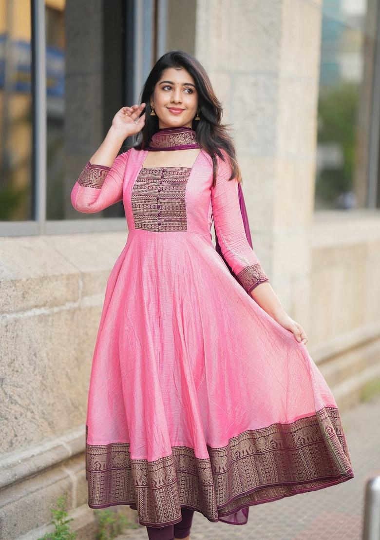 Pink Woven Cotton Kurta Set - Indya