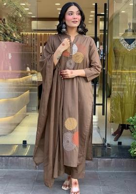 Brown Embroidered Cotton Kurta Set