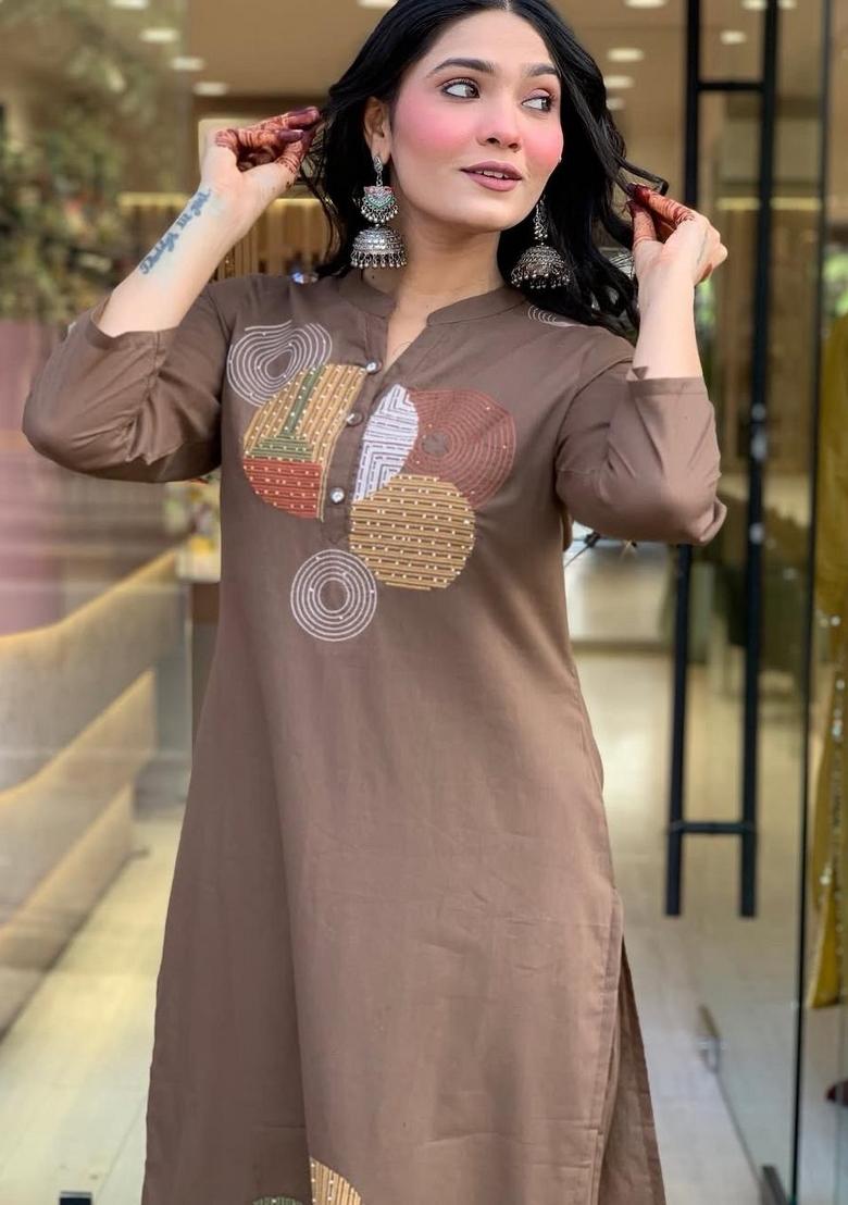 Brown Embroidered Cotton Kurta Set - Indya