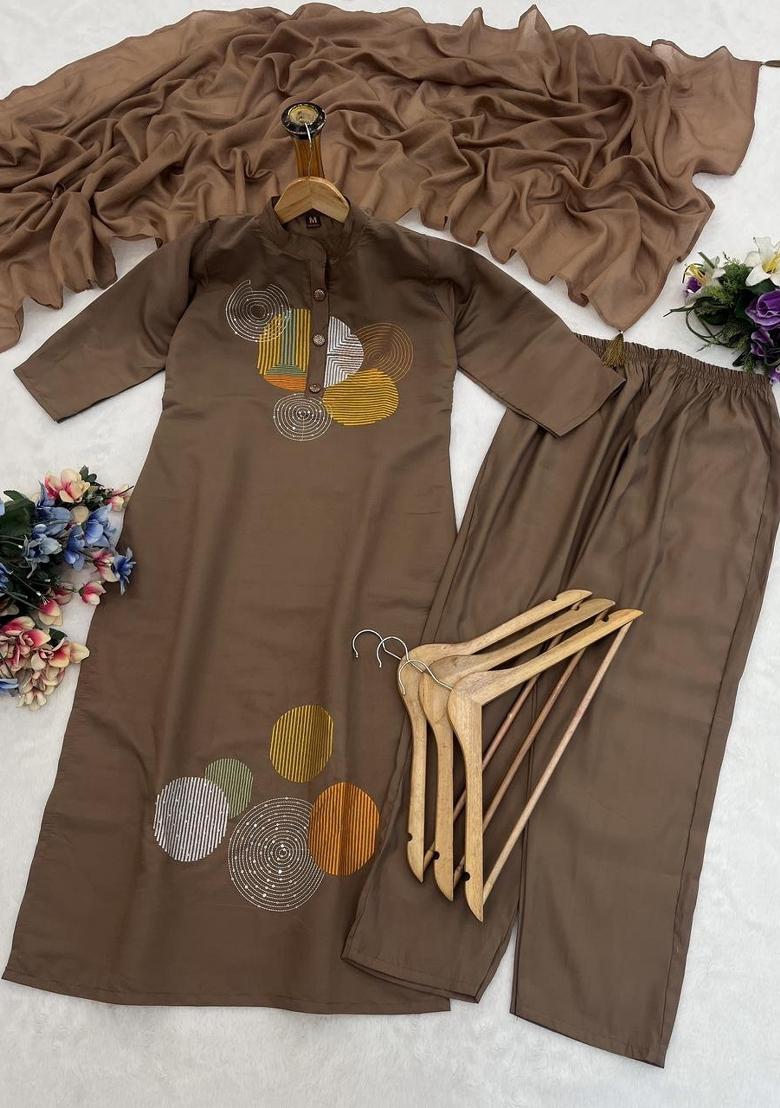 Brown Embroidered Cotton Kurta Set - Indya