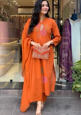 Orange Embroidered Cotton Kurta Set