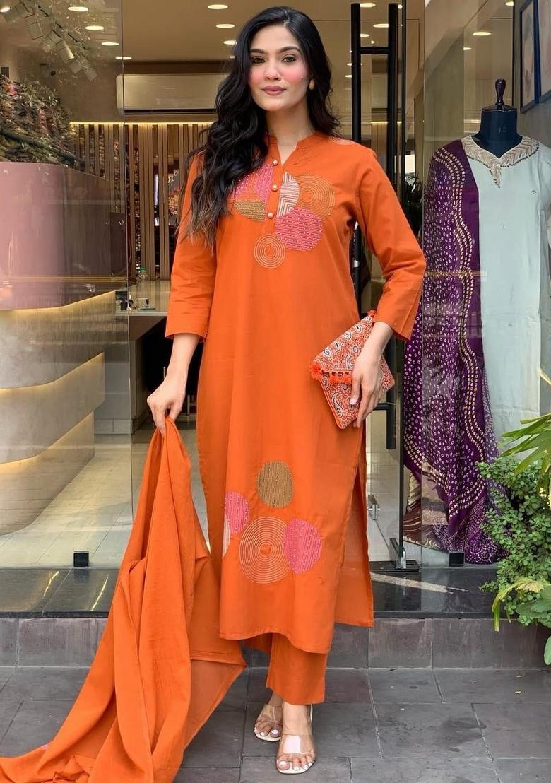 Orange Embroidered Cotton Kurta Set - Indya