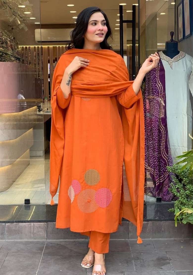 Orange Embroidered Cotton Kurta Set - Indya