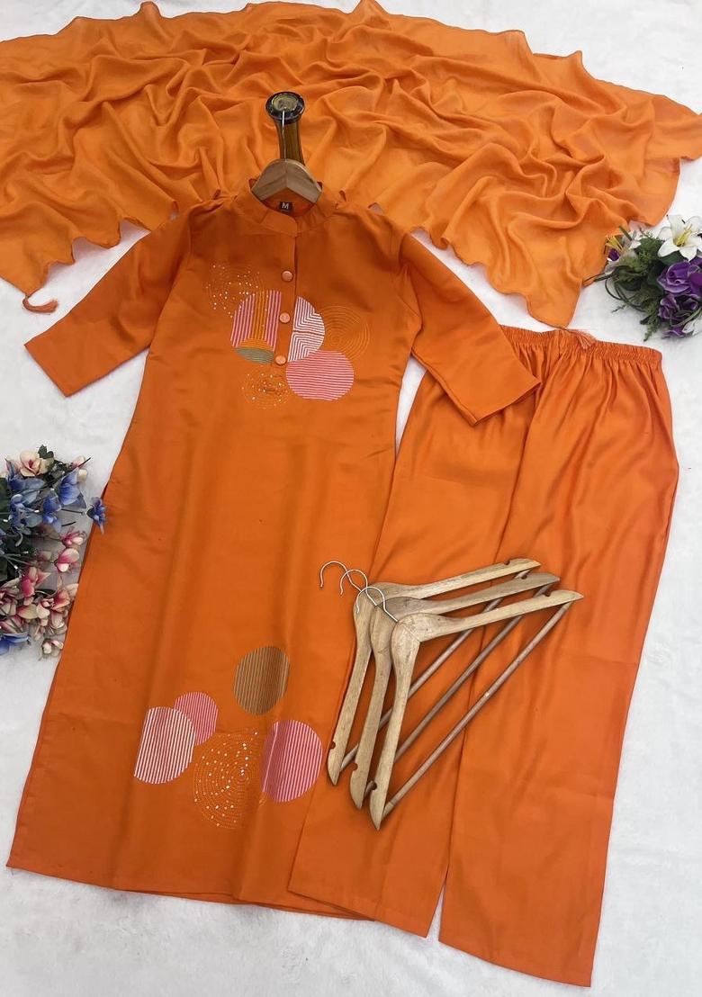 Orange Embroidered Cotton Kurta Set - Indya