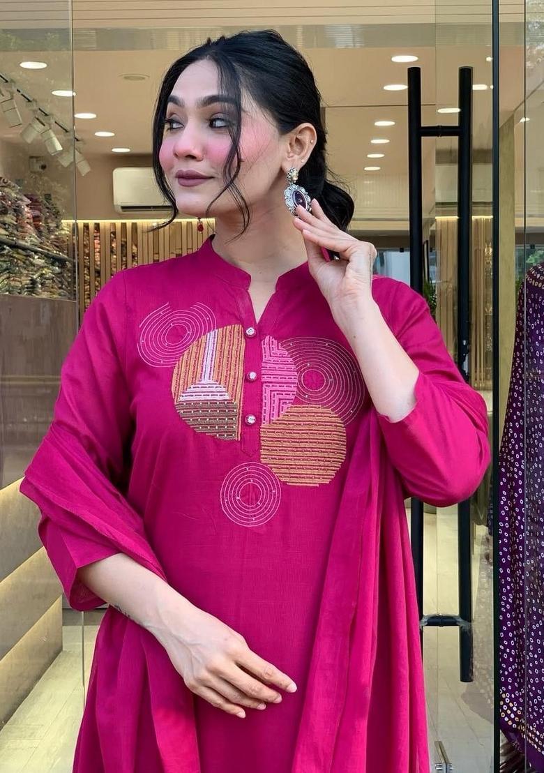 Pink Embroidered Cotton Kurta Set - Indya