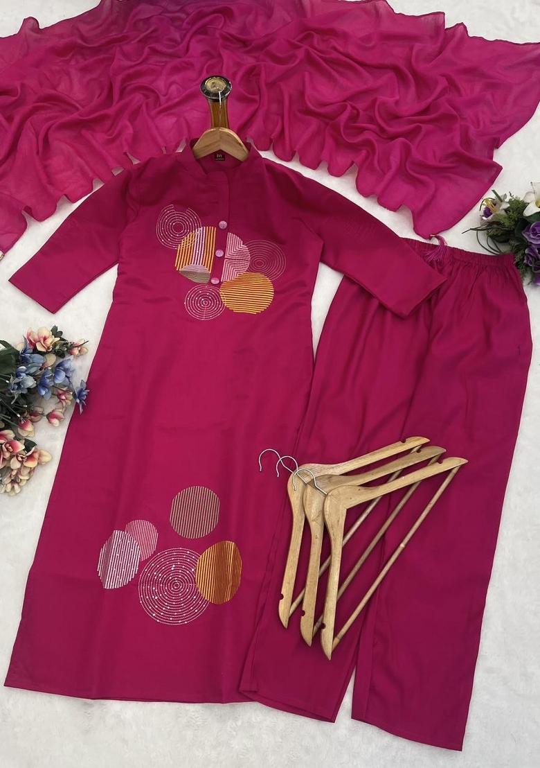 Pink Embroidered Cotton Kurta Set - Indya