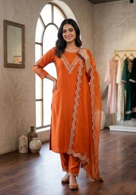 Orange Embroidered Cotton Kurta Set