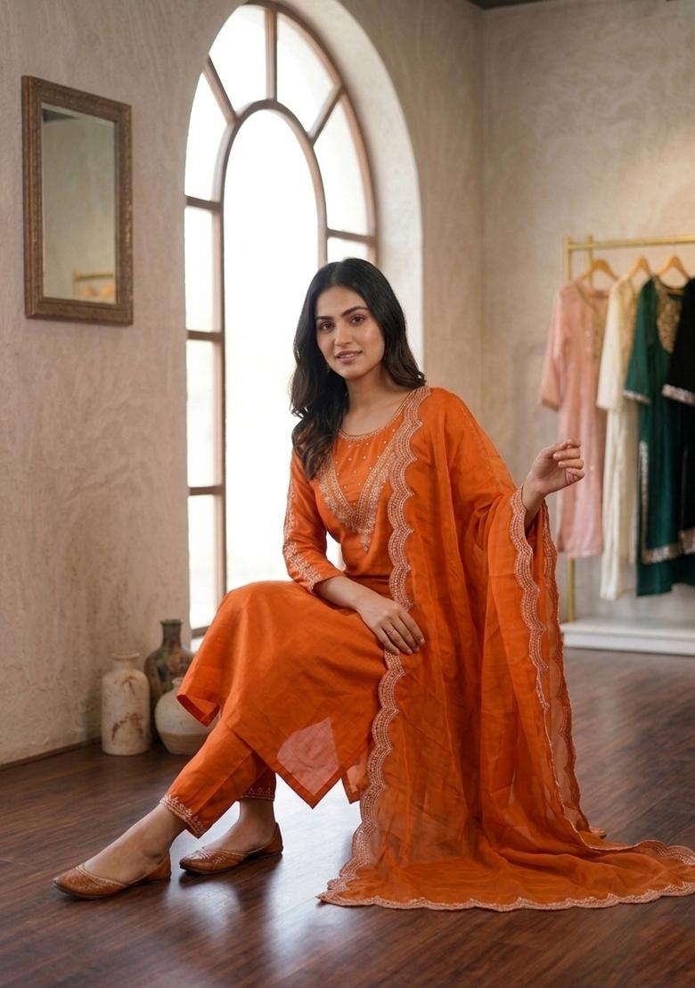 Orange Embroidered Cotton Kurta Set - Indya