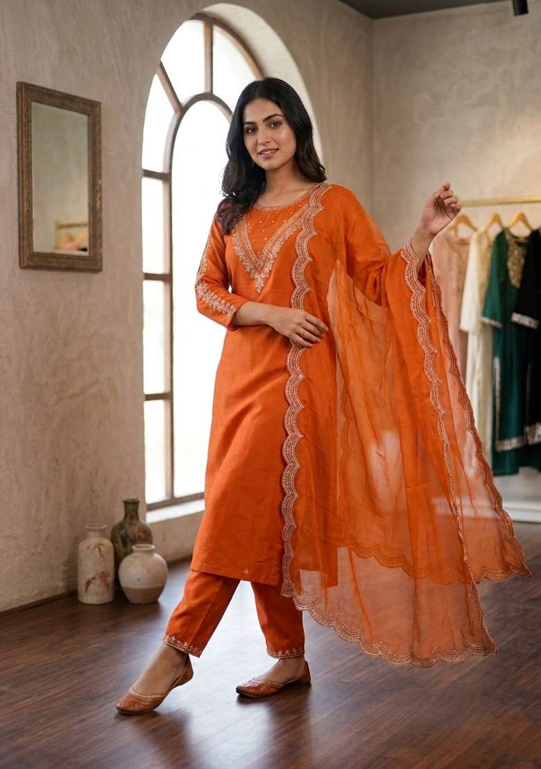 Orange Embroidered Cotton Kurta Set - Indya