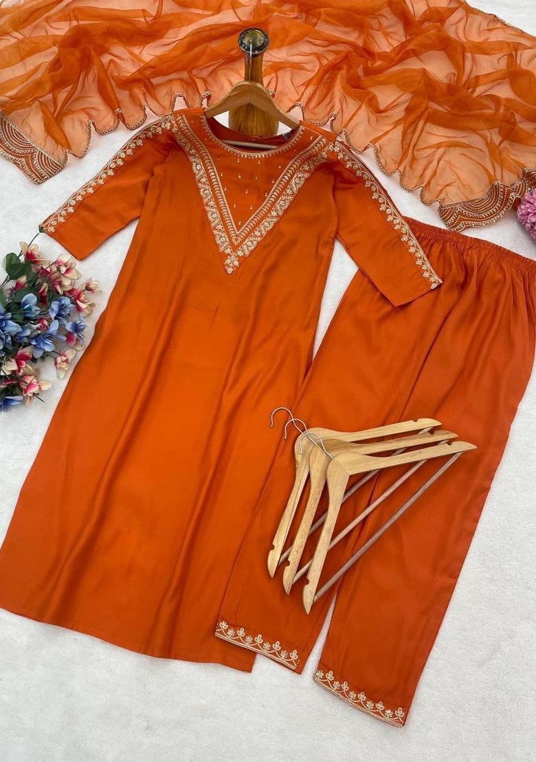 Orange Embroidered Cotton Kurta Set - Indya