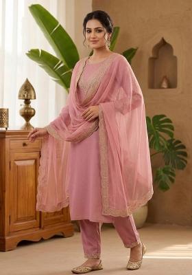 Peach Embroidered Cotton Kurta Set