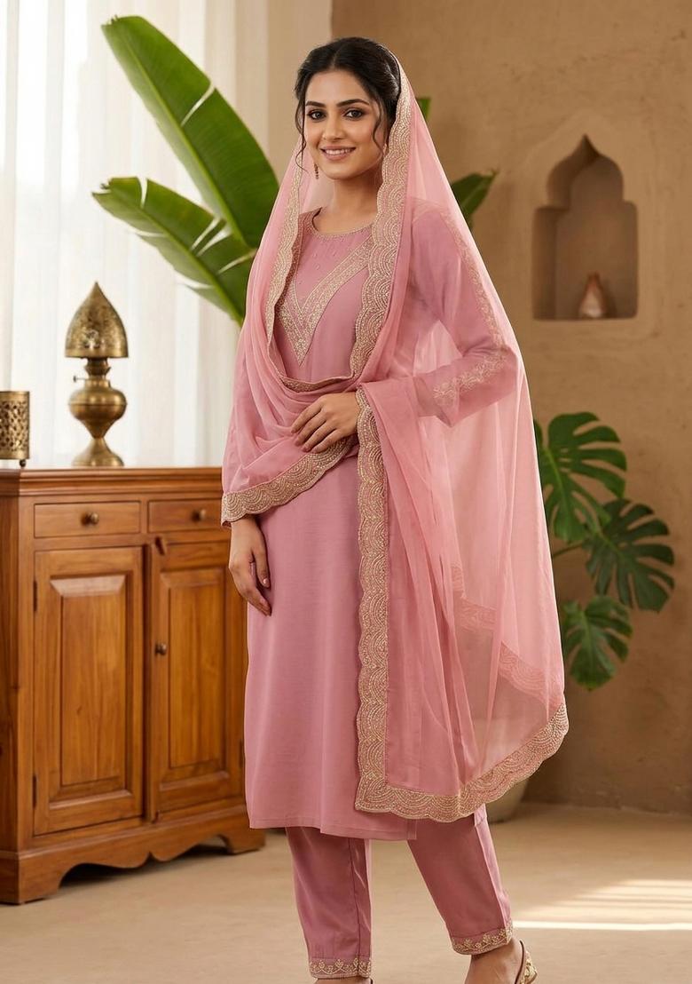Peach Embroidered Cotton Kurta Set - Indya