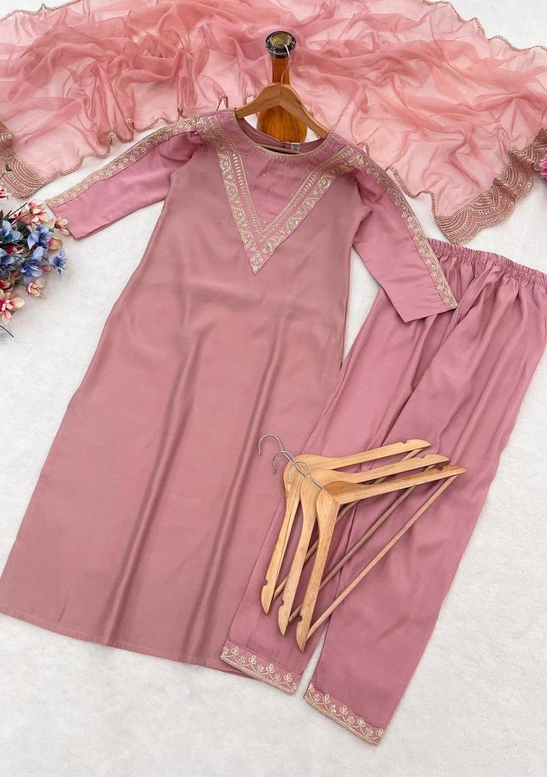 Peach Embroidered Cotton Kurta Set - Indya