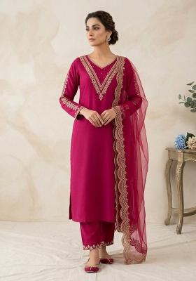 Rani Pink Embroidered Cotton Kurta Set