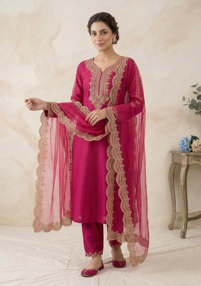 Rani Pink Embroidered Cotton Kurta Set - Indya