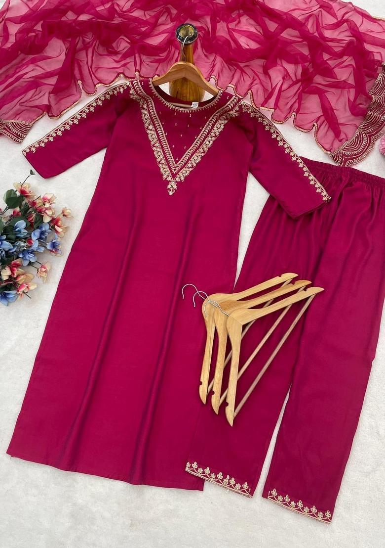 Rani Pink Embroidered Cotton Kurta Set - Indya