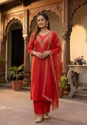 Red Embroidered Cotton Kurta Set