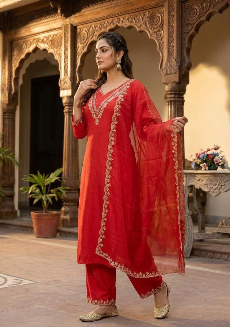 Red Embroidered Cotton Kurta Set - Indya