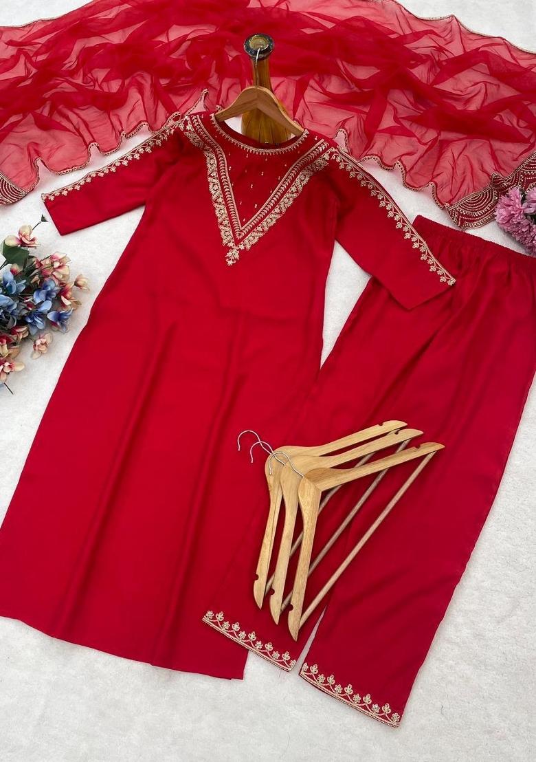 Red Embroidered Cotton Kurta Set - Indya