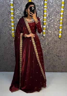 Red Embroidered Crepe Anarkali With Dupatta