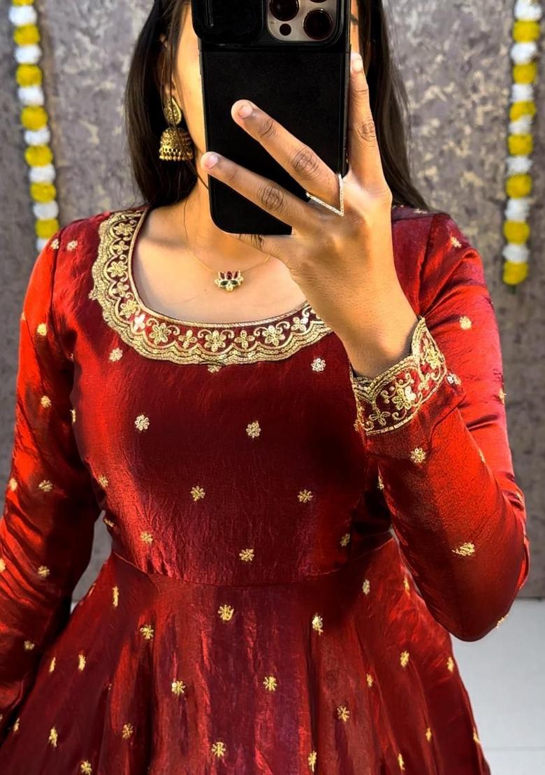 Red Embroidered Crepe Anarkali With Dupatta - Indya