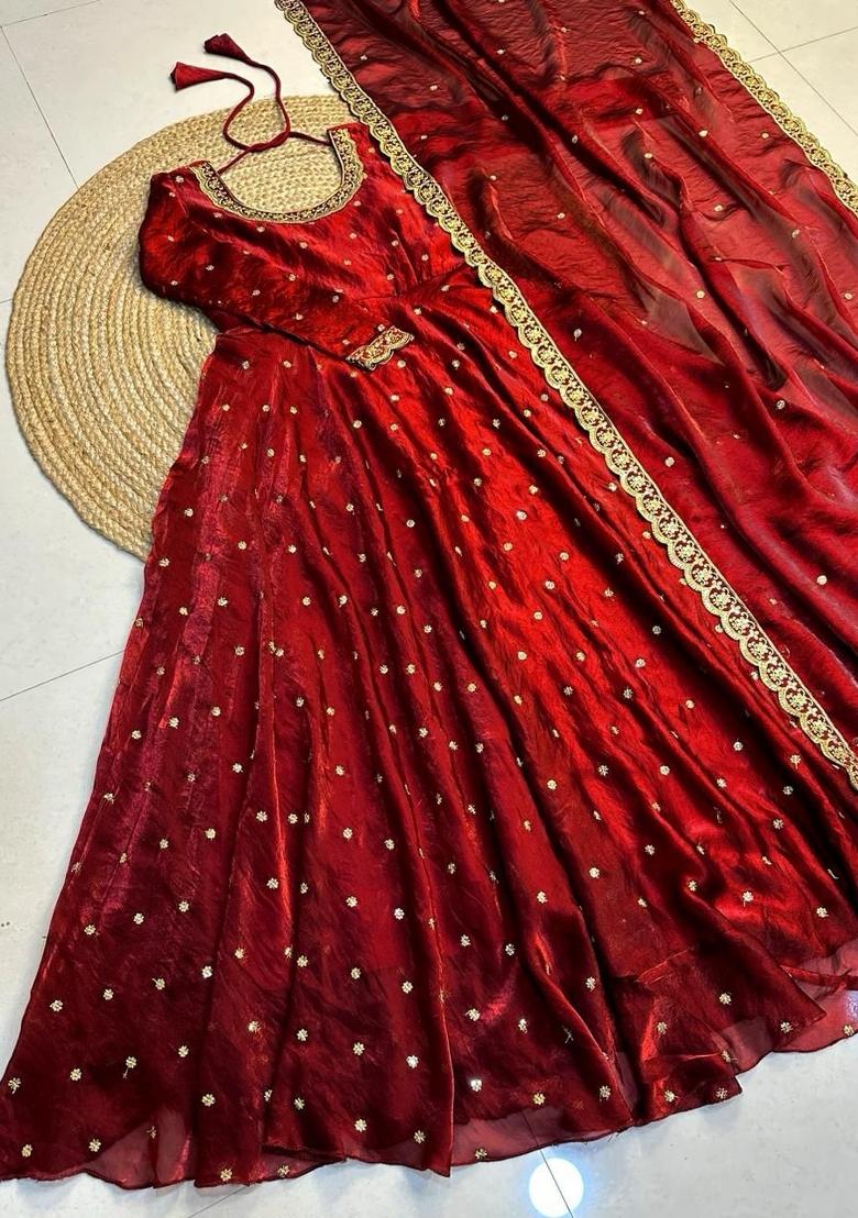 Red Embroidered Crepe Anarkali With Dupatta - Indya