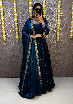 Teal Blue Embroidered Crepe Anarkali With Dupatta