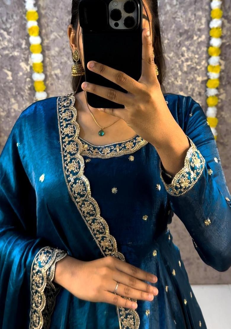 Teal Blue Embroidered Crepe Anarkali With Dupatta - Indya