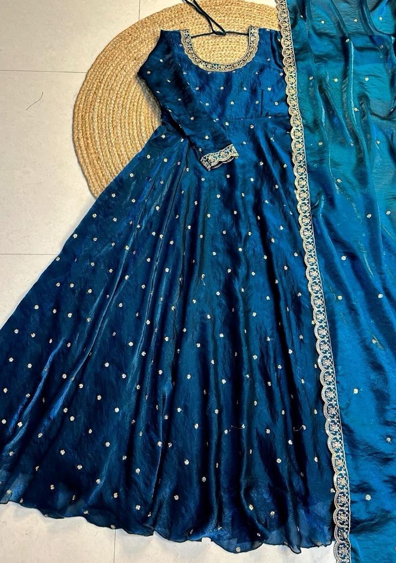 Teal Blue Embroidered Crepe Anarkali With Dupatta - Indya