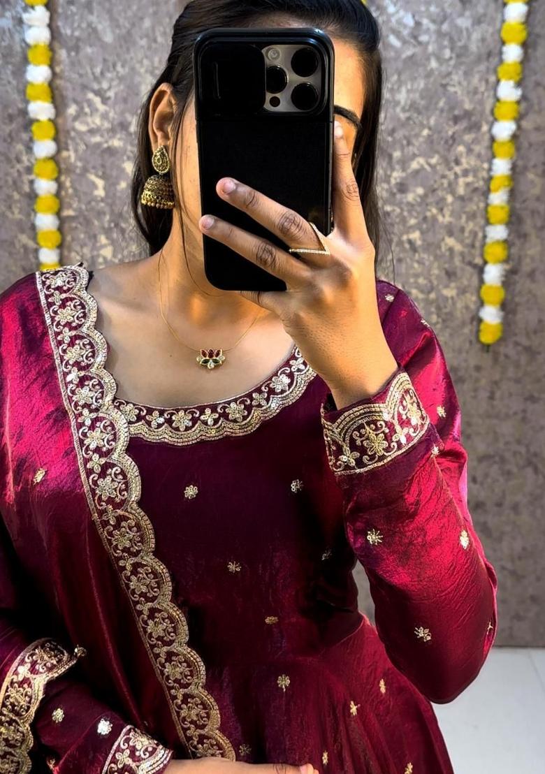 Wine Embroidered Crepe Anarkali With Dupatta - Indya