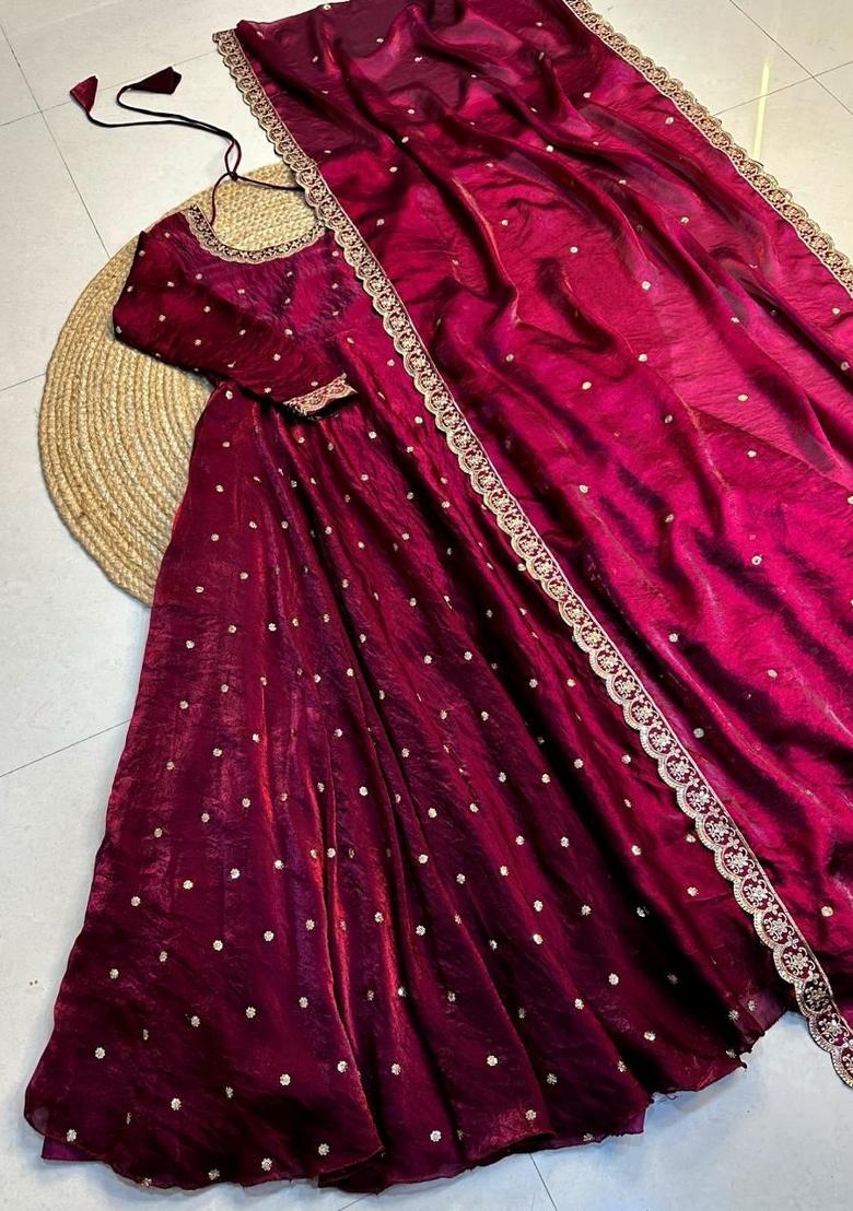 Wine Embroidered Crepe Anarkali With Dupatta - Indya