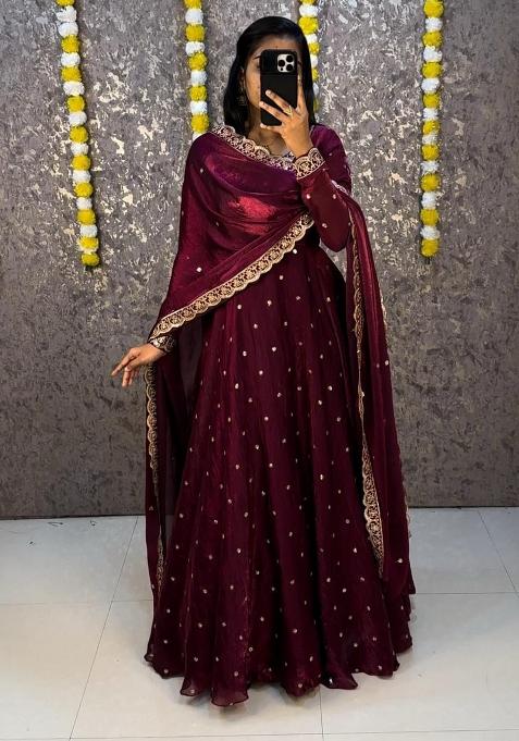 Wine Embroidered Crepe Anarkali With Dupatta