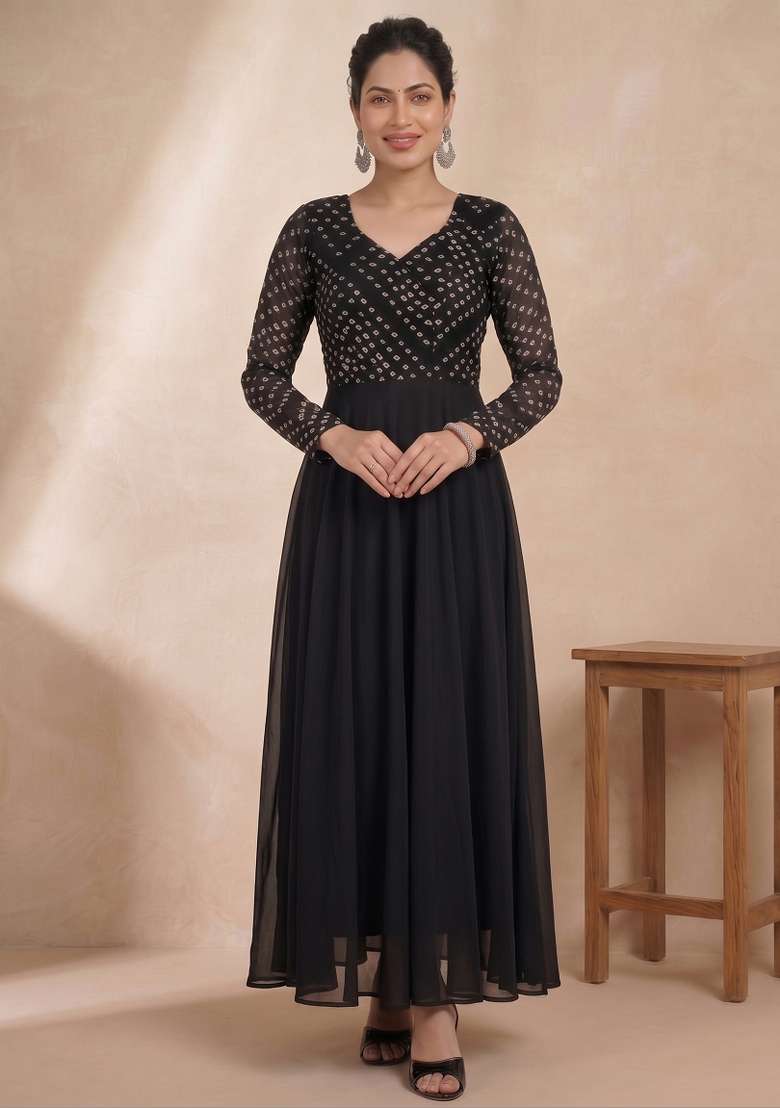 Black Printed Crepe Kurta - Indya