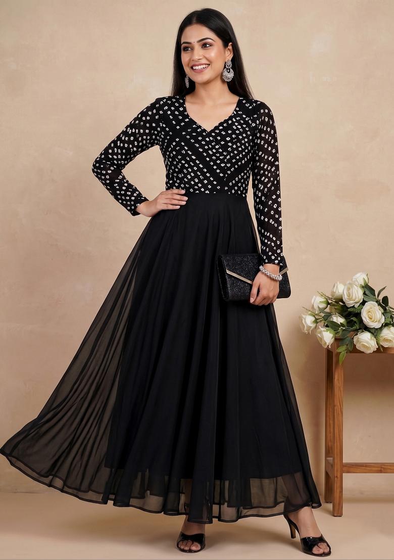 Black Printed Crepe Kurta - Indya